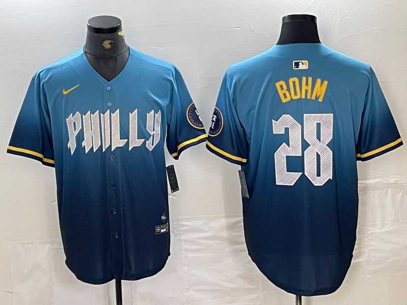 Men's Philadelphia Phillies #28 Alec Bohm Blue 2024 City Player Number Cool Base Stitched Jersey,We sell and wholesale Men's Philadelphia Phillies #28 Alec Bohm Blue 2024 City Player Number Cool Base Stitched Jersey on line form chian!